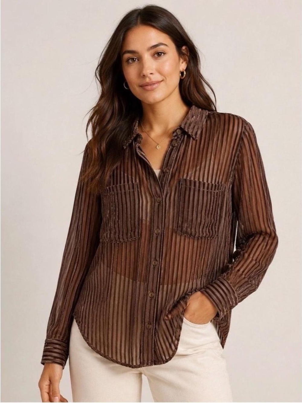 Pilcro Velvet Burnout Stripe Button Front Blouse Brown Size Small Anthropologie